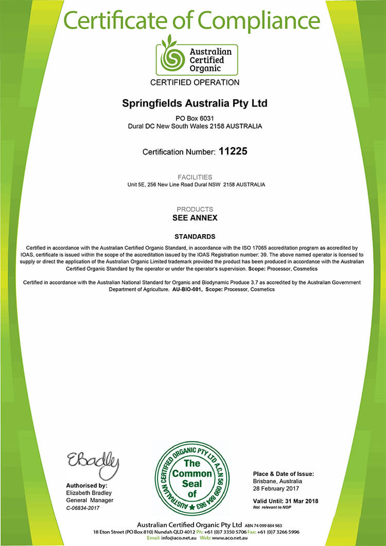 ACO（Australian Certified Organic）認定の証明書の画像